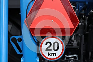 Road sign on a plow trailer speed limit to 20 km per hour