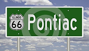 Road sign for Pontiac Illinois on Route 66