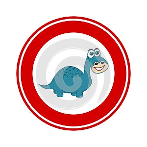 Road sign prohibiting a herbivorous dinosaur on a white and red background