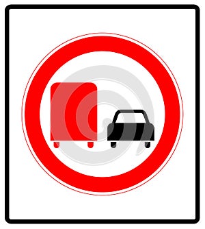 Road sign. Prohibitory sign. No overtaking by heavy goods vehicles.