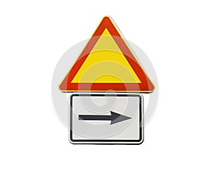 Road sign for right arrow and red triangle sign isolated