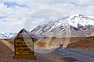 Road sign on the road between Manali and Leh, India