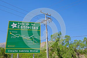 Road sign showing Ruta De Las Estrellas, Route Of The Stars, Elqui valley, Vicuna, IV Region De Coquimbo, Chile photo