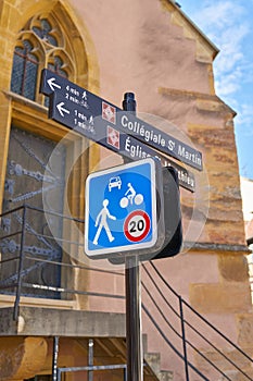 Road sign and signpost to places of interest in Colmar in France