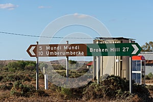 Road sign in Silverton NSW, showing Mudi Mudi, Broken Hill, and Umberumberka