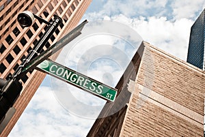 Road sign among the skyscrapers in Boston