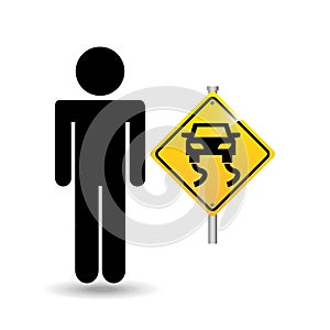 Road sign slippery silhouette man