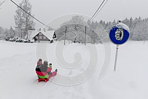 road sign snow chains, Winter in Krkonose mountains, Czech Republic pure white snow,