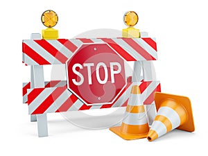 Road sign STOP on fence and traffic cones