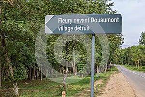 Road sign to Fleury, a destroyed French village during WW1