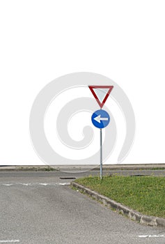 the road sign to give way and mandatory direction