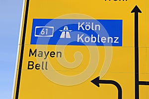 road sign to Mayne, Bell, Autobahn to KÃ¶ln and Koblenz