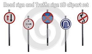 Road sign and traffic sign clipart element ,3D render road sign concept isolated on white background icon set