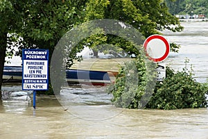 Road sign under water - extraordinary flood, on Danube in Bratislava