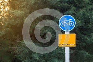 Road sign for used Bicycles on side road,Designation of the bike trail in the forest