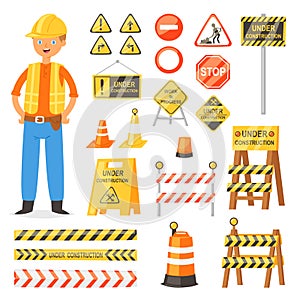 Road sign vector traffic street warning and barricade blocks on highway and builder character illustration set of