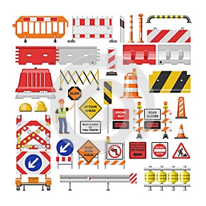 Road sign vector traffic street warning and barricade blocks on highway illustration set of roadblock detour and blocked