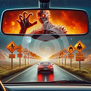 21 26 Road Sign A view in the rearview mirror of a road sign o photo