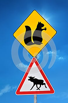 Road sign warning about the animals on the road