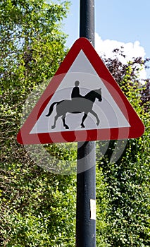 Road sign warning of horses and riders Thornton Hough Wirral June 2020