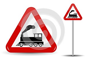 Road sign Warning Railway crossing without barrier. In Red Triangle is a schematic depiction of a steam locomotive in