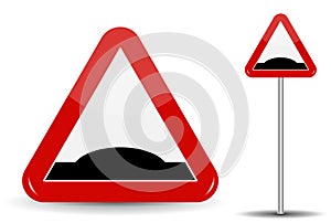 Road sign Warning Sleeping policeman. In Red Triangle is schematically depicted an artificial unevenness in the form of