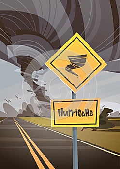 Road Sign Warning About Tornado, Twister Hurricane Countryside Wind Swirl Destroy Field Natural Disaster Concept