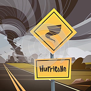 Road Sign Warning About Tornado, Twister Hurricane Countryside Wind Swirl Destroy Field Natural Disaster Concept