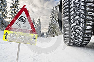 Road sign warns of ice and snow