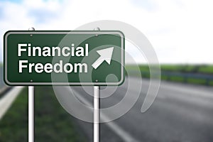 Road sign with words Financial Freedom and arrow outdoors, space for text