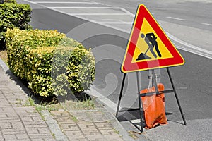 Road sign for works in a road construction site