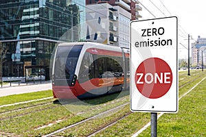 Road sign Zero emission ZONE. Clean mobility concept photo