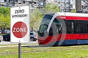 Road sign Zero emission ZONE. Clean mobility concept photo