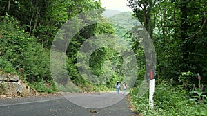 Road signaling posts. Road through the forest. Two girls stroll along the hiking trails in the Alps. Mother and