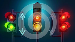 Road signals with arrows for street or highway traffic. Modern mockup of a real-world driving control system in a