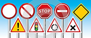 Road signs banner. Highway code, driver`s license, driving. Vector illustration II.