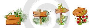 Road signs with branches frames. Game elements plants of jungle and cartoon frames with space for text. Vector direction signs and