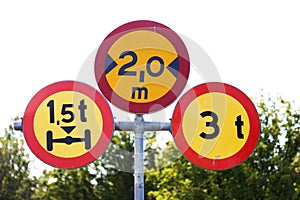 Road signs at the bridge that describe 3 things