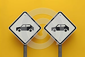 Road signs with car on yellow background offer copy space