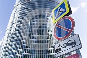 Road signs on the city street. Warnings, restrictions and regulation of the movement of vehicles. Rules of the road