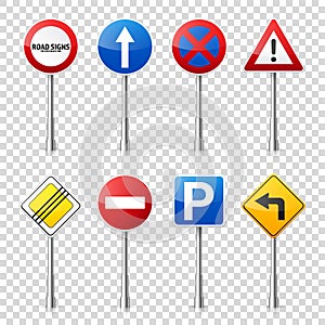 Road signs collection isolated on transparent background. Road traffic control.Lane usage.Stop and yield. Regulatory