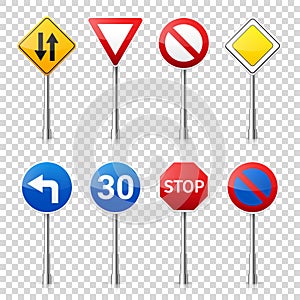Road signs collection isolated on transparent background. Road traffic control.Lane usage.Stop and yield. Regulatory