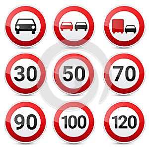 Road signs collection isolated on white background. Road traffic control.Lane usage.Stop and yield. Regulatory signs