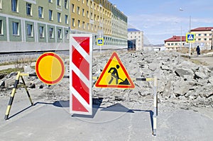 Road signs at the construction site