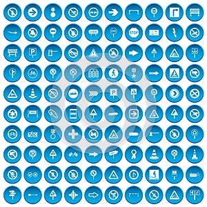 100 road signs icons set blue