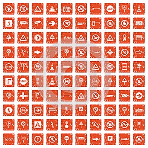 100 road signs icons set grunge orange
