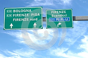 road signs of the Italian highway with the localities of Florenc photo