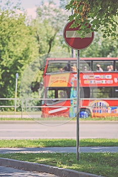 road signs and lines on asphalt - vintage look