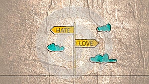 Road signs with Love and Hate text pointing in opposite directions.