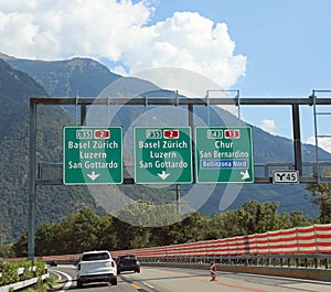 road signs on the motorway with directions to many locations in Switzerland photo